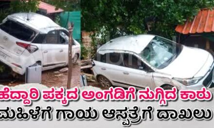 ಹೆದ್ದಾರಿ‌ ಪಕ್ಕದ ಅಂಗಡಿಗೆ ನುಗ್ಗಿದ ಕಾರು : ಮಹಿಳೆ ಗಂಭೀರ