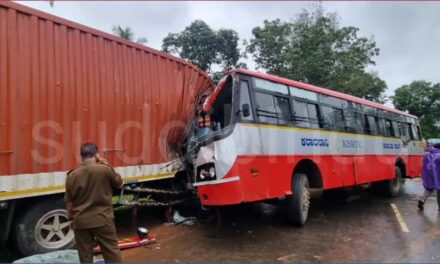 ಕೆಎಸ್‌ಆರ್‌ಟಿಸಿ ಬಸ್ ಹಾಗೂ ಕಂಟೇನರ್ ಲಾರಿ ನಡುವೆ ಭೀಕರ ಅಪಘಾತ : ಇಬ್ಬರೂ ಗಂಭೀರ