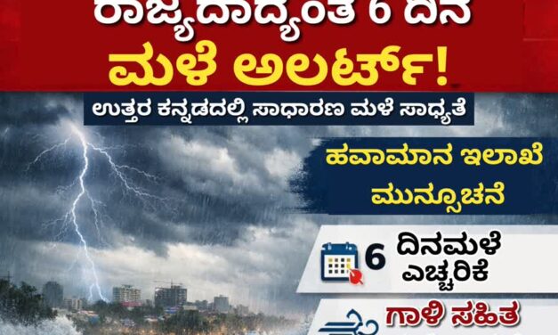 ರಾಜ್ಯದಾದ್ಯಂತ 6 ದಿನ ಮಳೆ ಅಲರ್ಟ್! ಮಿಂಚು-ಗುಡುಗು ಸಹಿತ ಮಳೆ ಮುನ್ಸೂಚನೆ