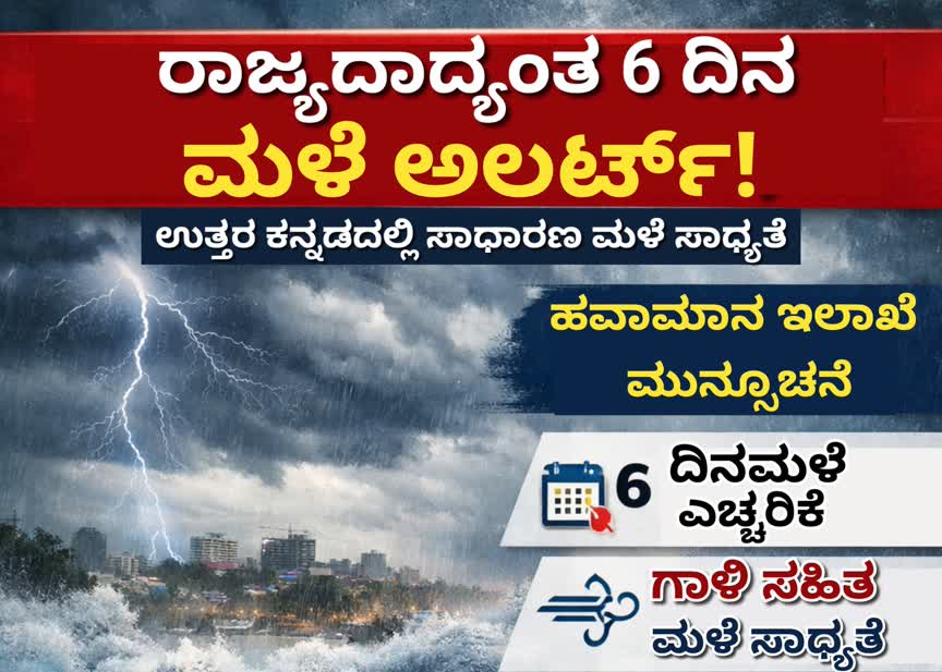 ರಾಜ್ಯದಾದ್ಯಂತ 6 ದಿನ ಮಳೆ ಅಲರ್ಟ್! ಮಿಂಚು-ಗುಡುಗು ಸಹಿತ ಮಳೆ ಮುನ್ಸೂಚನೆ