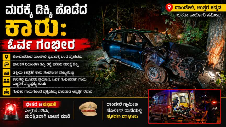 Accident News /ಮರಕ್ಕೆ ಡಿಕ್ಕಿ ಹೊಡೆದ ಕಾರು : ಓರ್ವ ಗಂಭೀರ