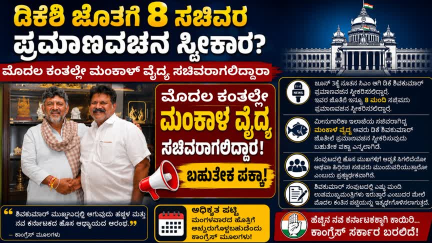 ಡಿಕೆಶಿ ಜತೆಗೆ 8 ಸಚಿವರ ಪ್ರಮಾಣವಚನ ಸ್ವೀಕಾರ? ಮೊದಲ ಕಂತಲ್ಲೇ ಮಂಕಾಳ್ ವೈದ್ಯ ಸಚಿವರಾಗಲಿದ್ದಾರಾ.!