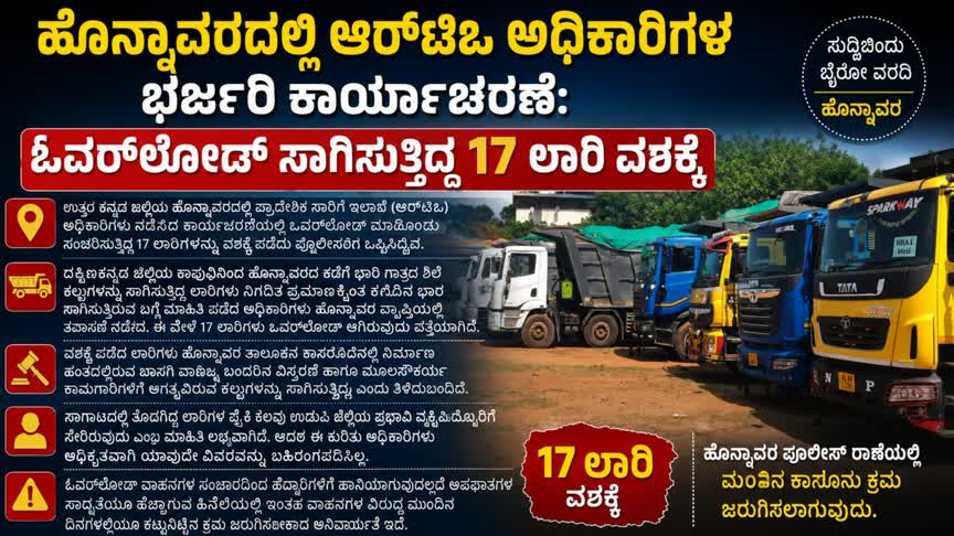 ಹೊನ್ನಾವರದಲ್ಲಿ ಆರ್‌ಟಿಒ ಅಧಿಕಾರಿಗಳ ಭರ್ಜರಿ ಕಾರ್ಯಾಚರಣೆ: ಓವರ್‌ಲೋಡ್ ಸಾಗಿಸುತ್ತಿದ್ದ 17ಲಾರಿ ವಶಕ್ಕೆ