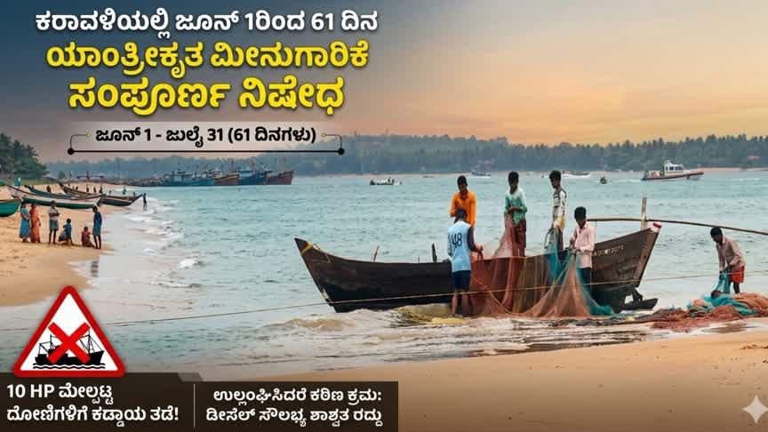 ಕರಾವಳಿಯಲ್ಲಿ ಜೂನ್ 1ರಿಂದ 61 ದಿನ ಯಾಂತ್ರೀಕೃತ ಮೀನುಗಾರಿಕೆ ಸಂಪೂರ್ಣ ನಿಷೇಧ
