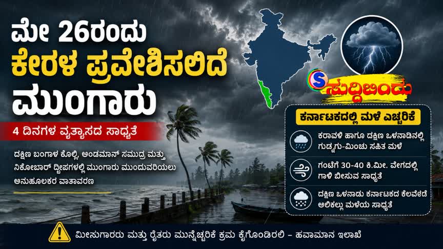 ಮೇ 26ರಂದು ಕೇರಳ ಪ್ರವೇಶಿಸಲಿದೆ ಮುಂಗಾರು : ರಾಜ್ಯದಲ್ಲಿಯೂ ಮಳೆ ಎಚ್ಚರಿಕೆ