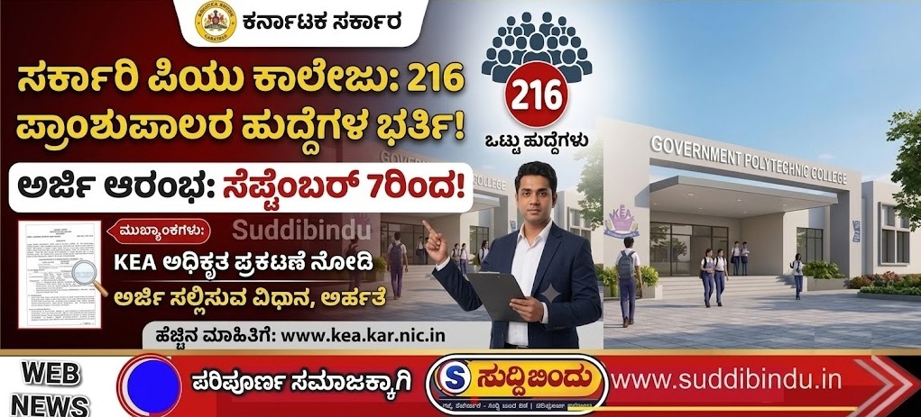 ಸರ್ಕಾರಿ ಪಿಯು ಕಾಲೇಜುಗಳಲ್ಲಿ 216 ಪ್ರಾಂಶುಪಾಲರ ಹುದ್ದೆ ಖಾಲಿ: ಸೆ.7ರಿಂದ ಅರ್ಜಿ ಆರಂಭ!
