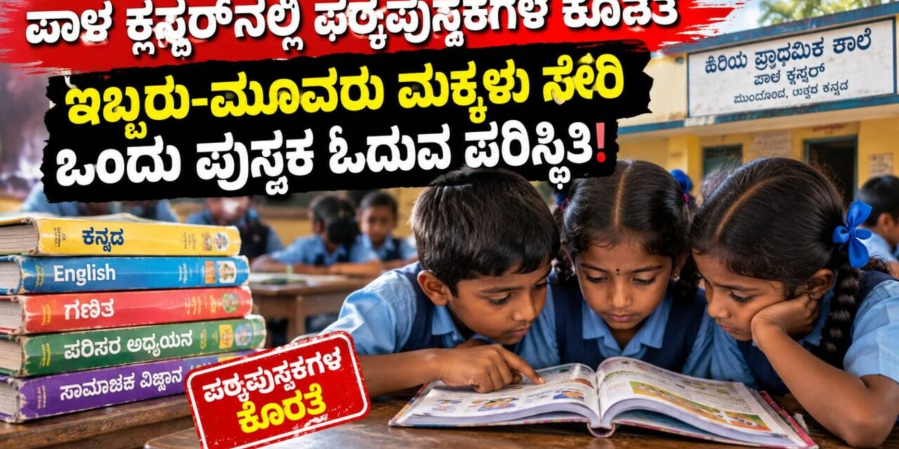 ಶಾಲೆಯಲ್ಲಿ ಪಠ್ಯಪುಸ್ತಕಗಳ ಕೊರತೆ – ಇಬ್ಬರು, ಮೂವರು ಮಕ್ಕಳಿಗೆ ಒಂದೇ ಪುಸ್ತಕ